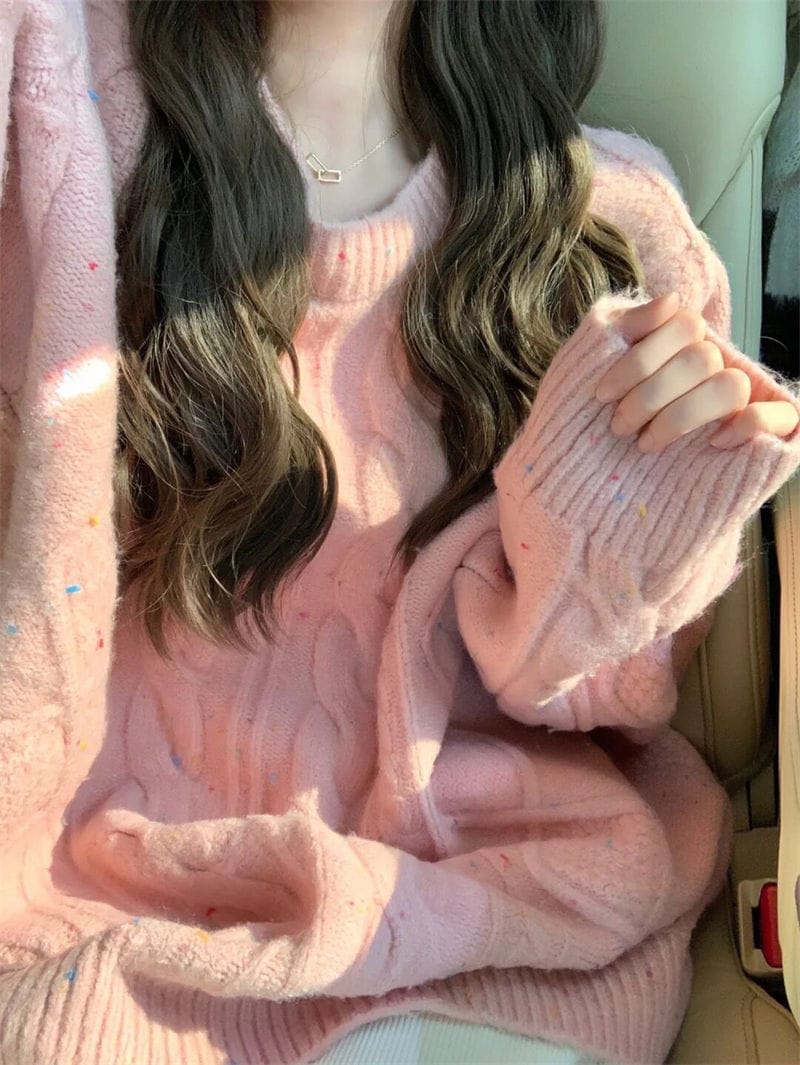 ピンクセーター女性のは柔らかくてモチモチしていてだるくて痩せて見える丸首の優しいヘッジ編みトップスあったかカシミヤタッチ