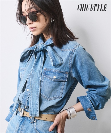 シャツ・ブラウス 綿100％ライトオンスデニムリボンタイ付シャツ 大きいサイズ有 シックスタイル