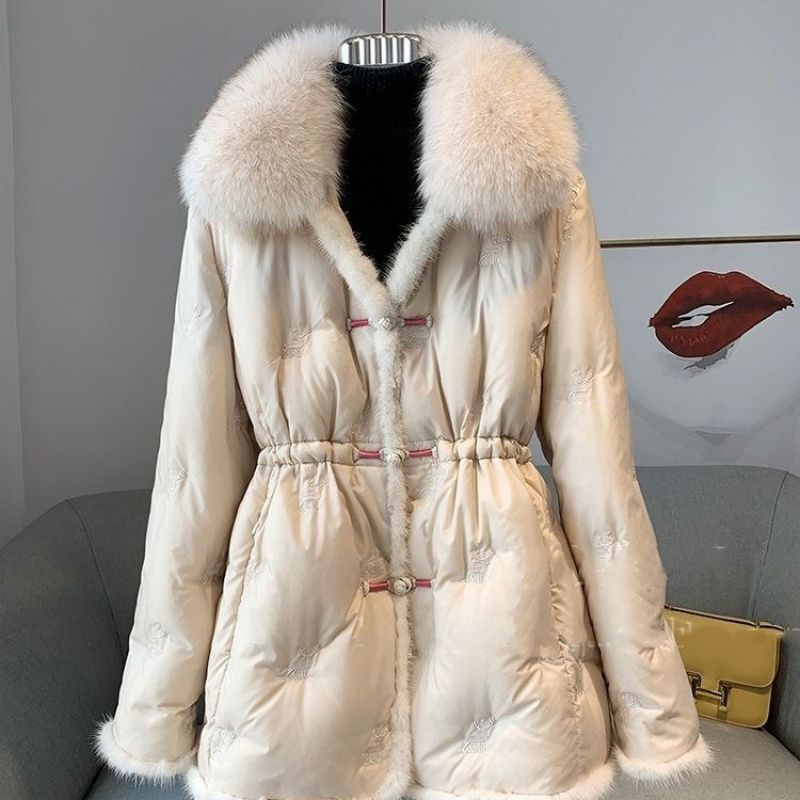 ウール襟のミディアムカモのダウンジャケット軽くておしゃれな中国風毛皮のダウンジャケット女性