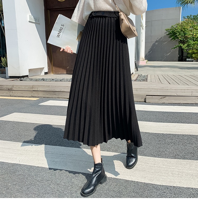 毛呢半身スカート秋冬ハイウエストプリーツスカート中長款a字スカート厚手