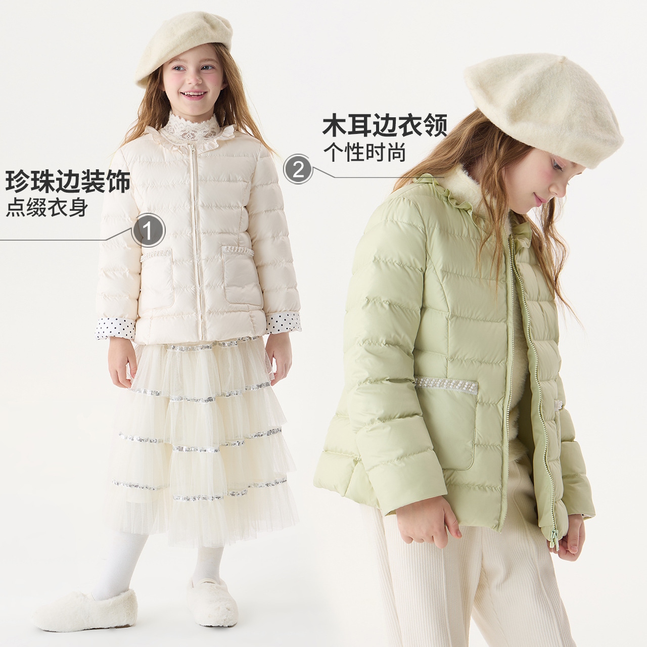 【迅速な出荷】女の子のライトダウンジャケット冬2024新しいスタイル小さな女の子ファッショナブルで甘いレースラウンドネック子供用冬服