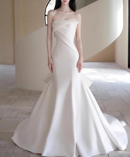 ウエディングドレス ベアトップ マーメイドライン バックリボン ロイヤルサテン 結婚式 30,355円