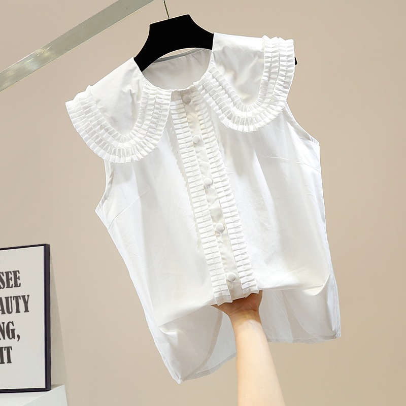 プリーツノースリーブシャツ ノースリーブブラウス フリル襟 くるみボタン ノースリーブ シャツ ブラウス レディース ママコーデ お仕事コーデ オフィス 春 夏 秋 C95