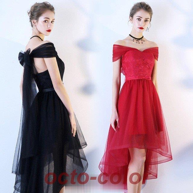 黒 パーティードレス オフショルダー 前短後長 ミニ丈 ミモレ丈 ワイン赤 ドレス 20代 30代 二次会 お呼ばれドレス 発表会 演奏会 Aライン