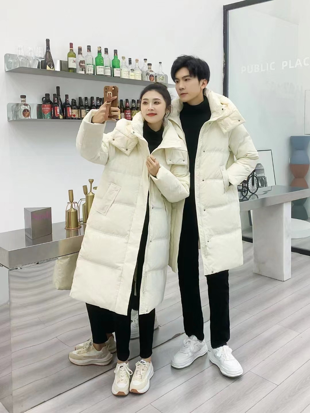 90ホワイトダックダウンジャケットロングカジュアルファッションホワイトカップルスタイル冬暖かいジャケット