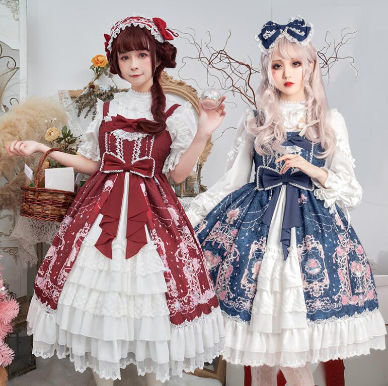 ジャンパースカート ロリータワンピース 可愛いロリータ服 お姫様ワンピース プリンセスドレス 華やか プリント柄 フリル プリンセスライン レースワンピース コスチューム ゴスロリ コスプレ衣装 文