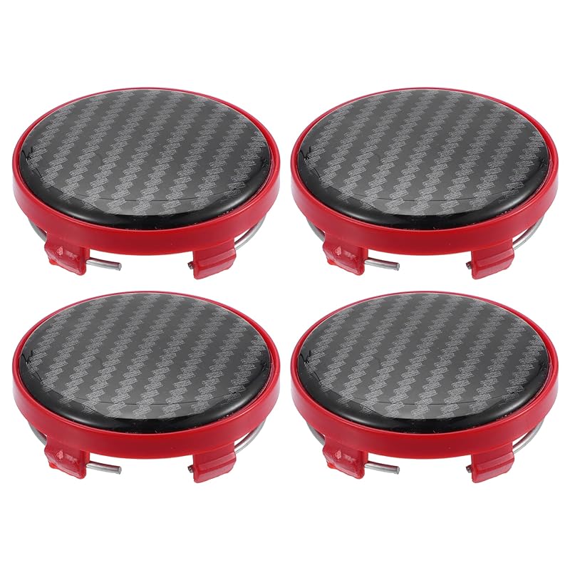 ACROPIX 車のホイールリムハブセンターキャップカバー 60 mm 5クリップ ブラックカーボンファイバーパターンステッカー付き レッド 4個