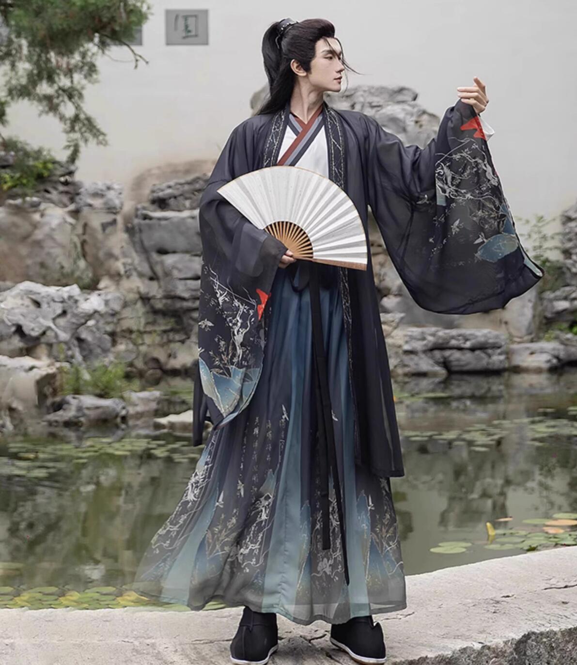 品質良い!店舗お勧め!メンズ 黒系 漢服 3点セット 振袖羽織付き おしゃれ チャイナ服 中華コスプレ衣装 エスニック花柄プリント オリジナル 男性 中国古代服装 中華ドラマ 時代劇コスチューム 仮装