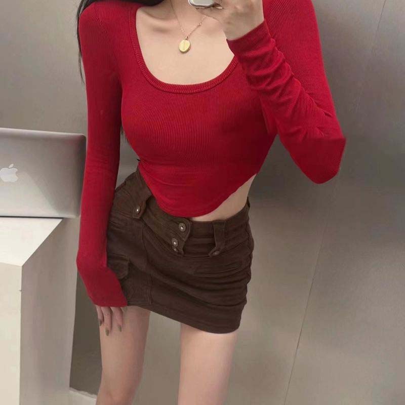 春秋 新作 ホットガール 無地 へそ出し uネック 長袖 tシャツ ショート タイト トップ付き レディース ボトリングシャツ