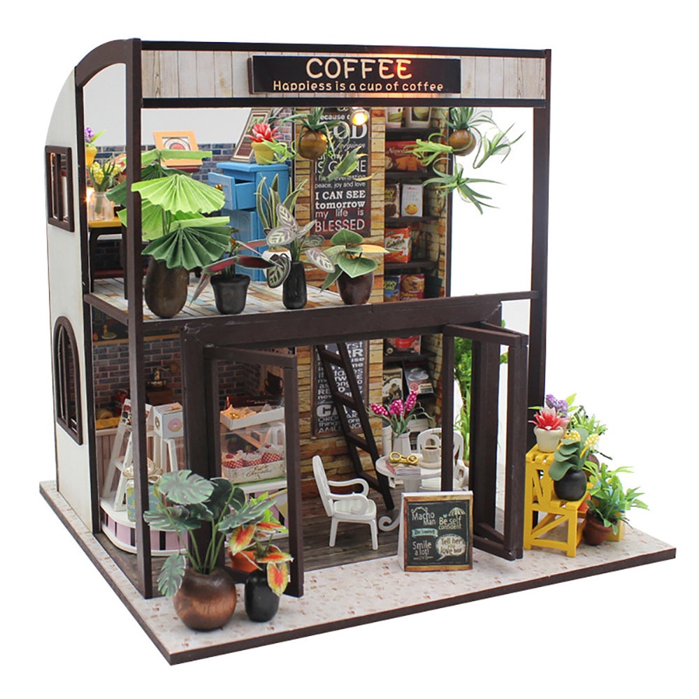 moin moinドールハウス ミニチュア 手作りキット セット植物たくさんのコーヒー屋さん 喫茶店 カフェ 珈琲 二階建て モダン 中型 LEDライト + アクリルケース
