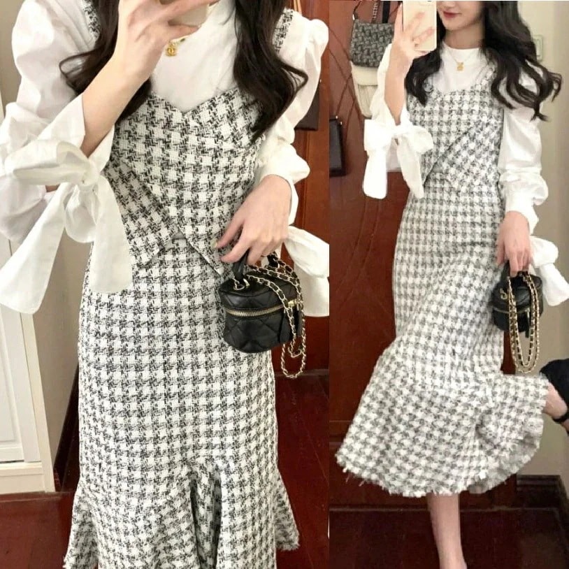 【急速出荷 2025年新作】ジャンパースカート ジャンスカ ツイード マーメイド ワンピース マーメード チェック 韓国 量産型 ガーリー フェミニン リボン 春 夏 秋 レディース チェック柄 服
