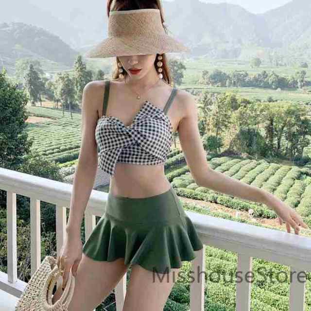 ツイストバンドゥ 水着 セパレートタイプ 盛れる ギンガムチェック ワンピース 水着 レディースファッション