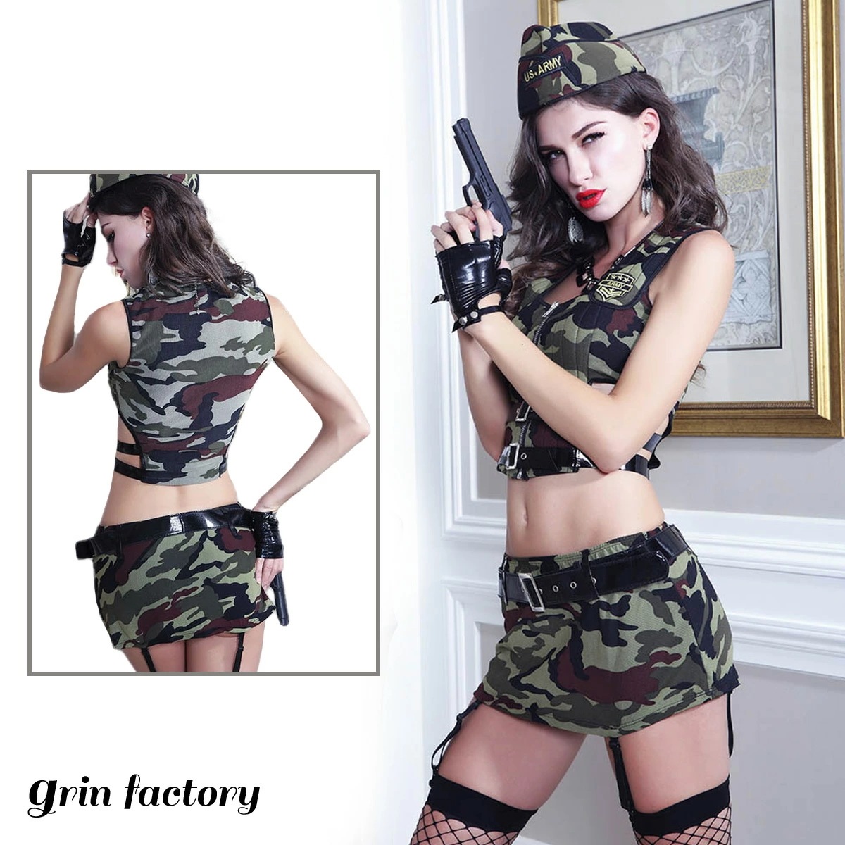 【10％OFFクーポン有27日1:59迄】迷彩服 コスプレ 全身 セット 網タイツ ミリタリー 軍服 制服 セクシー かっこいい 迷彩柄 アーミー カモフラ レディース エロい アーミーガール ミリ 6,368円