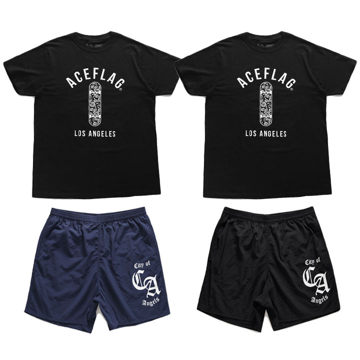 ACE FLAG 上下セット 半袖 ブランド Tシャツ ハーフパンツ メンズ 春夏用 全2色 大きいサイズ エースフラッグ セットアップ スケボー b系 ヒップホップ