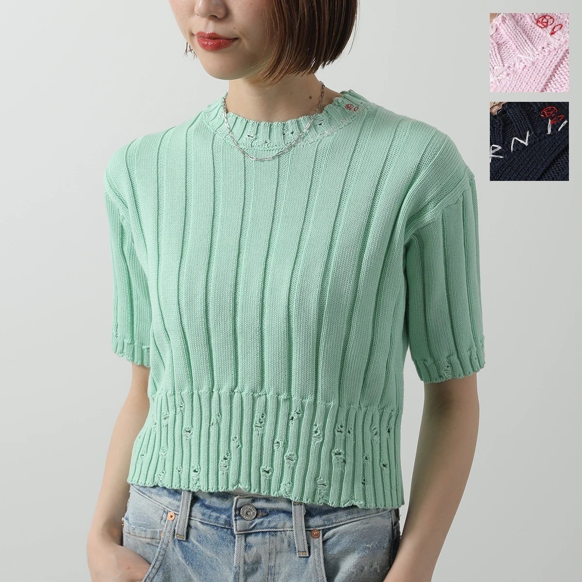 MARNI KIDS マルニ キッズ セーター M01341 M00UD レディース ガールズ 半袖 ニット コットン クルーネック ダメージ加工 ロゴ 刺繍