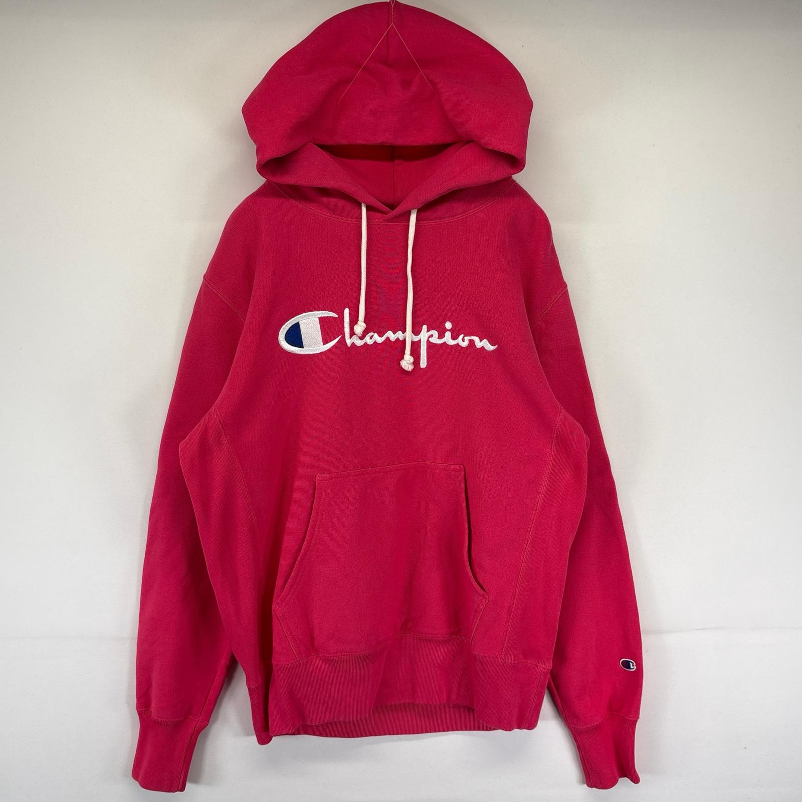 古着 パーカー リバースウィーブ ビッグロゴ刺繍 プルオーバー スウェット L ピンク メンズ