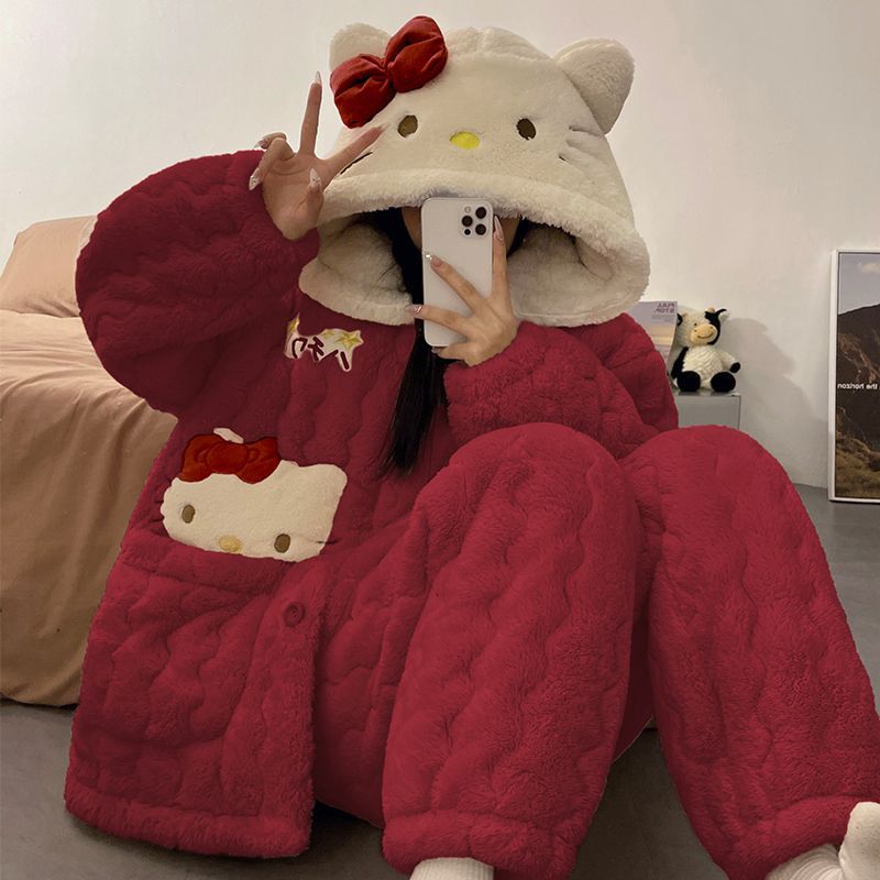 hello kitty 新しい Kitty三層綿入り寝衣女冬サンゴパイル長型厚手ベルベット冬保温家庭服セット 2件で200円引き