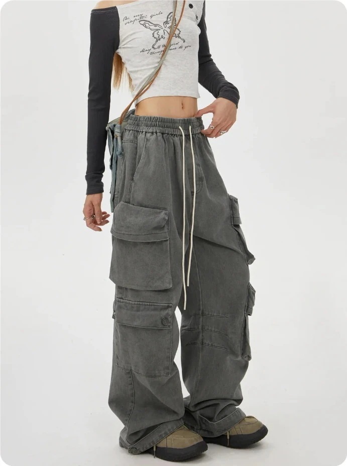 アメリカン レトロ ワイドパンツ ワークパンツ ジーンズ 2025 新到 マルチポケットカーゴデニムパンツ 4,822円