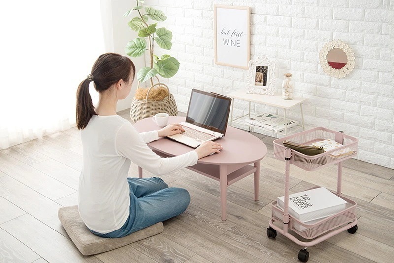 ローテーブル 折りたたみ おしゃれ ナチュラルモダン 机 デスク 楕円 木製 かわいい くすみカラー 棚 折り畳み 完成品