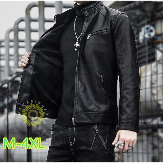 秋冬 防風 防寒 アウター大きいサイズ ショート丈pu革ジャン メンズライダースジャケット 春秋ジャケット 詰め襟 無地ブルゾンジャンパー PUレザージャケット