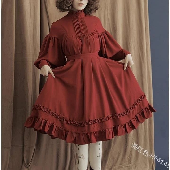 メイド服 長袖 CS服 新作 ゆとりがある ボタンで留める スタンドカラー レース本 パフスリーブ lolita ワンピース