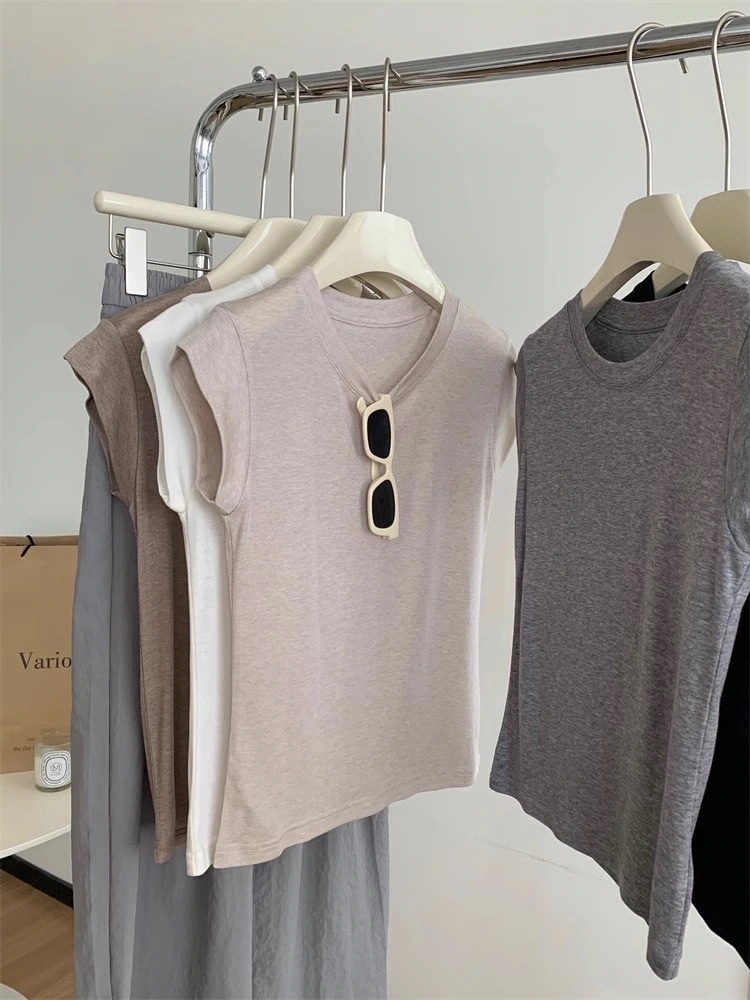 軽くて快適なコットンスリーブレスポジティブショルダーTシャツベスト女性 夏スリムショートボディトップス