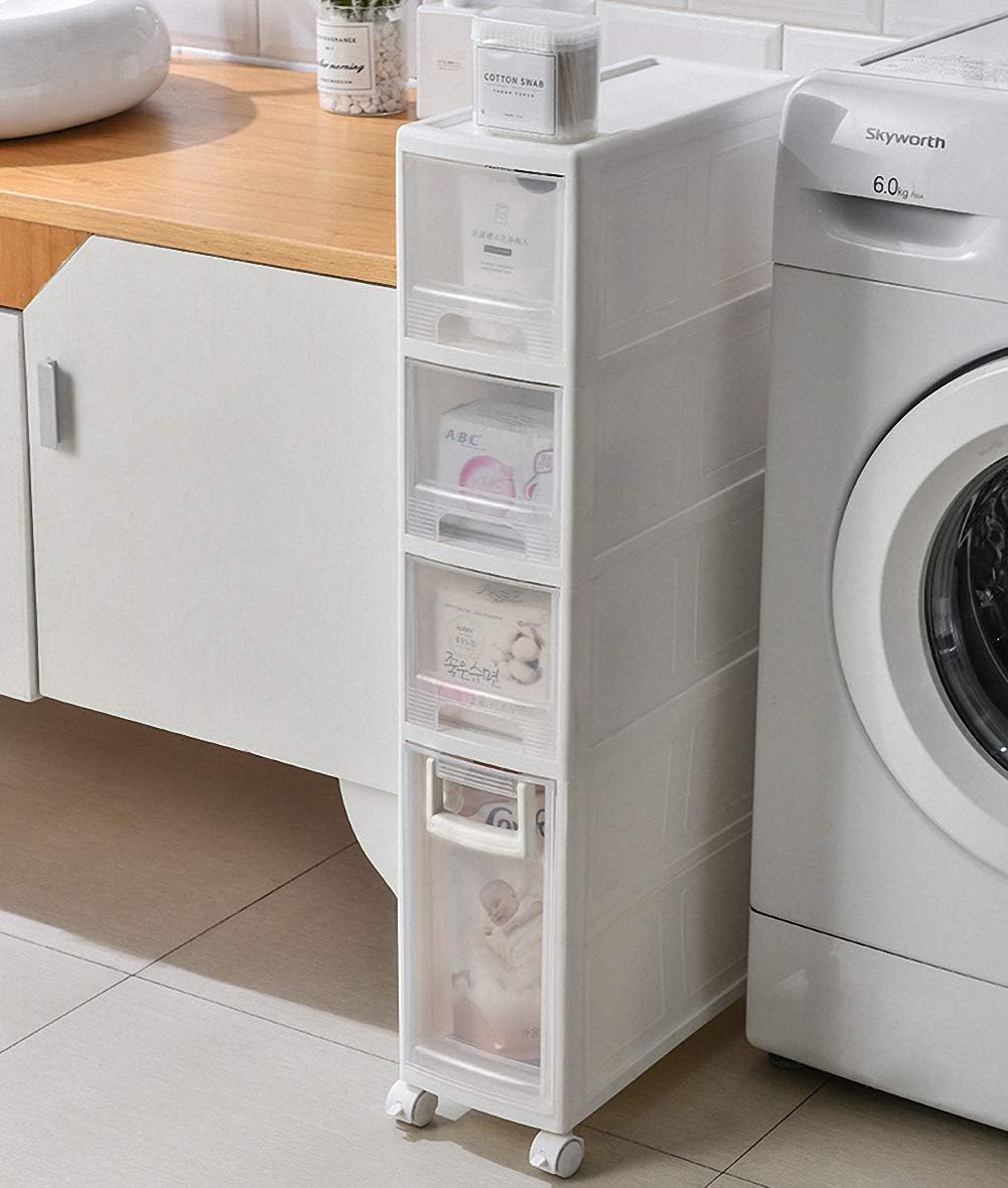 PFLife 隙間収納 16cm 完成品 隙間収納 引き出し スリムチェスト 収納ボックス 引き出し 洗面所 収納 脱衣所 収納 キッチンチェスト 4段 キャスター付き 幅16*奥行36*高さ81