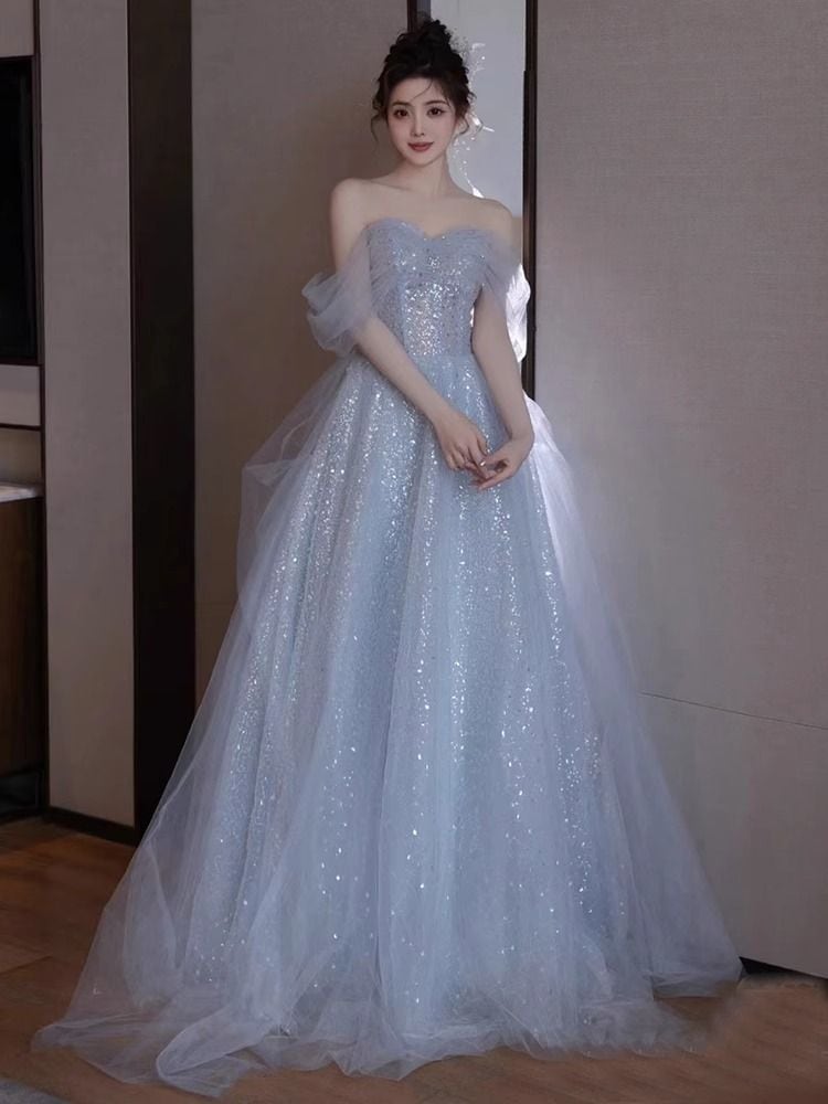 女性用ブルーイブニングドレス誕生日ウェディングドレス大人ホスト