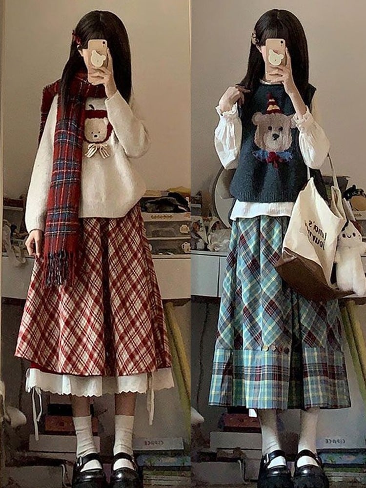 カレッジスタイルミュウミュウシックで年齢を軽減するセーターチェック柄スカートツーピーススーツドレスの完全セット女性用