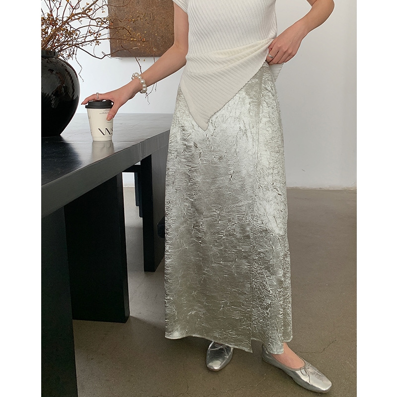 Wanwei 新質感プリーツロングスカートレディース 2024 春サテン反射スカート 029