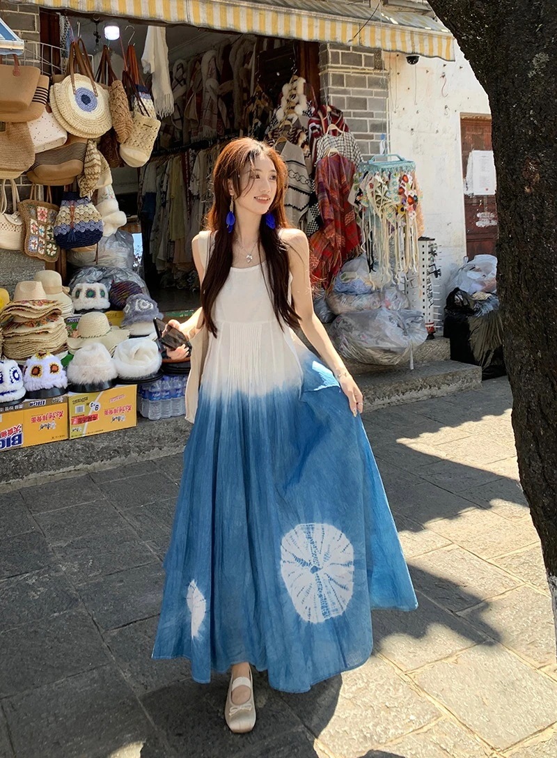 【急速出荷!】24タイダイ柄グラデーション キャミワンピース ノースリーブ ワンピース ロングワンピース 体型カバー レトロ 韓国ファッション レディース レトロ 大人可愛い