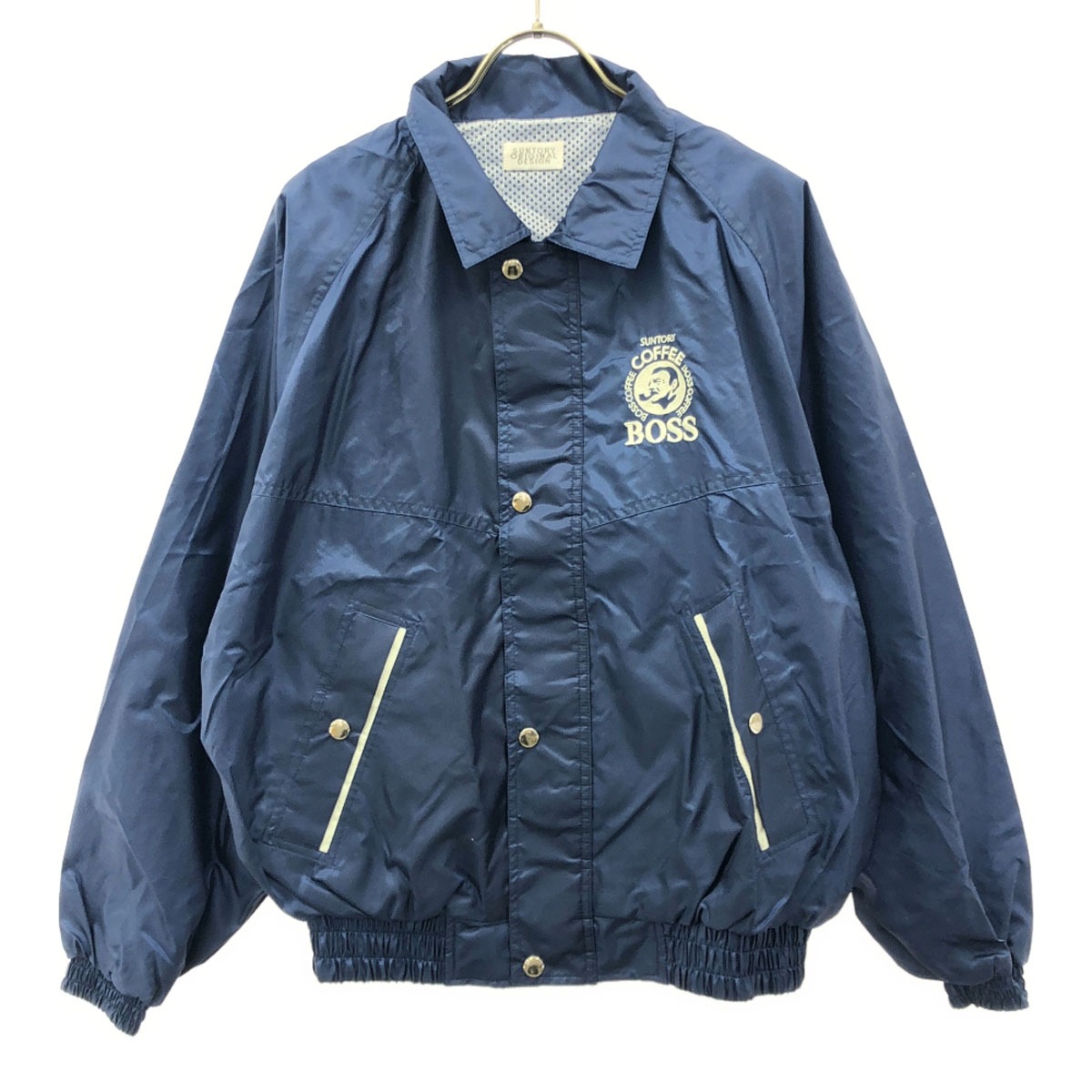 SUNTORY ORIGINAL DESIGN サントリーボス ロゴ刺繍 ナイロンジャケット ネイビー 裏メッシュ ブルゾン メンズ 古着