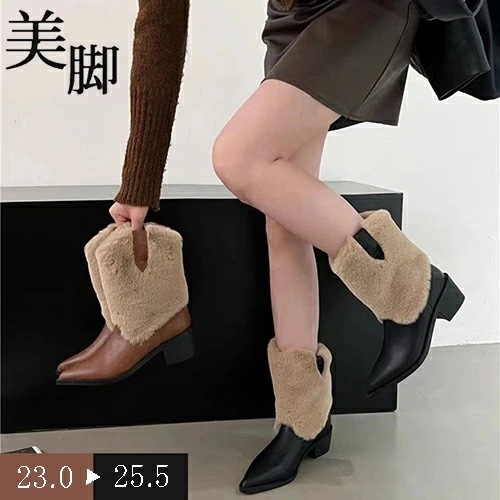 ミドルブーツ ショートブーツ ブーツ レディース ウエスタンブーツ ボアブーツ モコモコ ポインテッドトゥ 太ヒール 美脚 脚長 高級感 履きやすい 大きいサイズ 細見せ 通勤 ビジネス 秋 冬 シュ