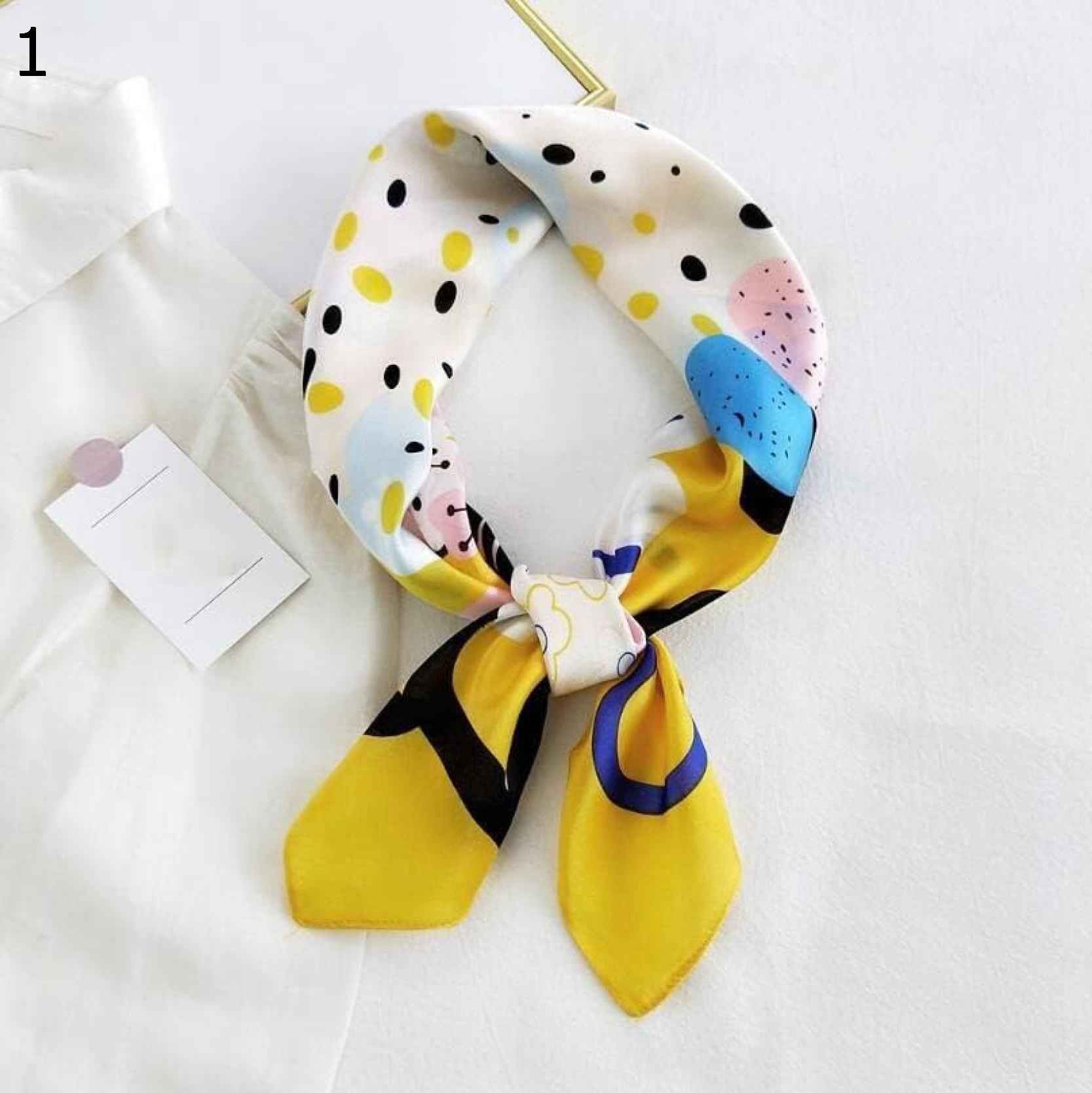 【20%OFFクーポン～】多機能ポリエステルスカーフ女性のための漫画のパターンヒジャブかわいいサテンの小さな正方形のラップヘッドスカーフ スカーフ (Color : Yellow Size : 7