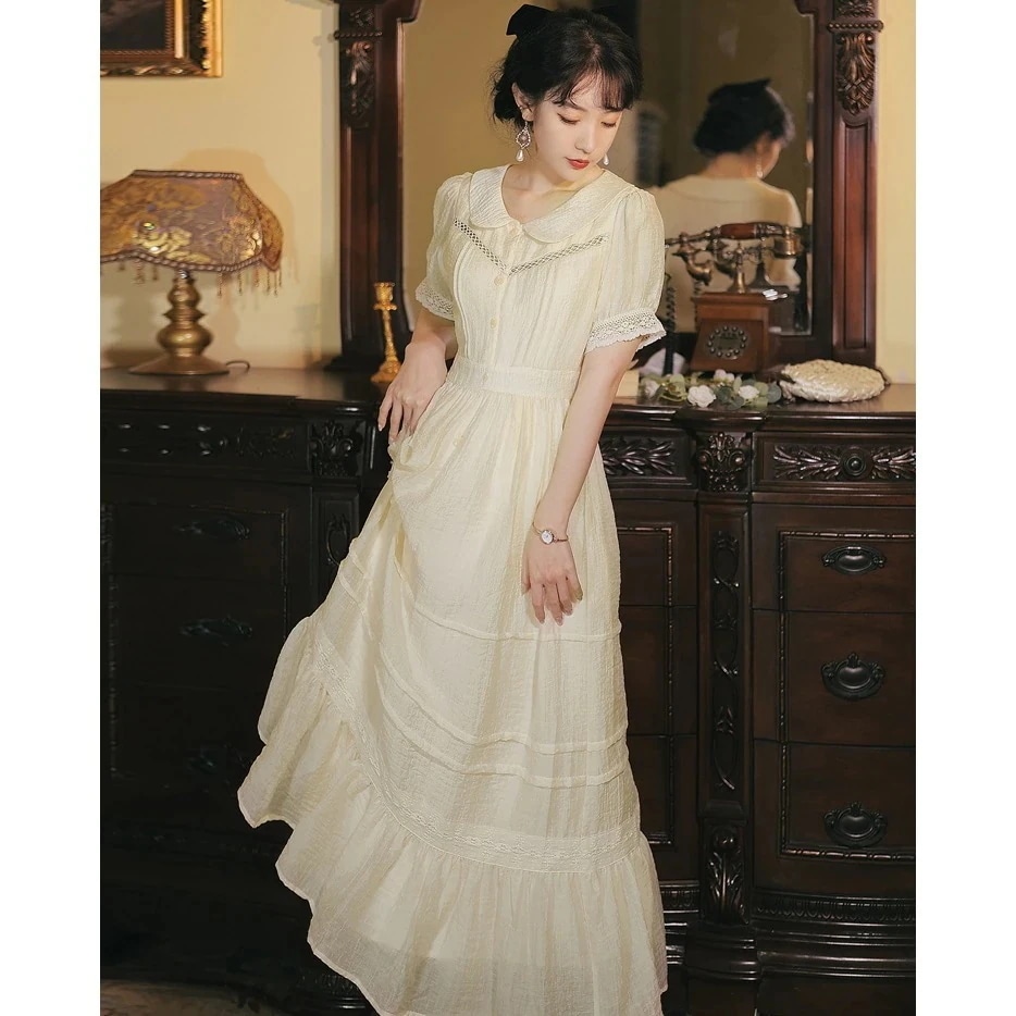 ラージサイズ5点袖ワンピース2025レースアップファットmmスリミングスクエアネックロングステッチス