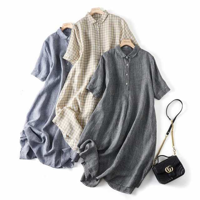 【急速出荷】ワンピース 麻綿混紡 ギンガムチェック シャツワンピース ロングシャツ
