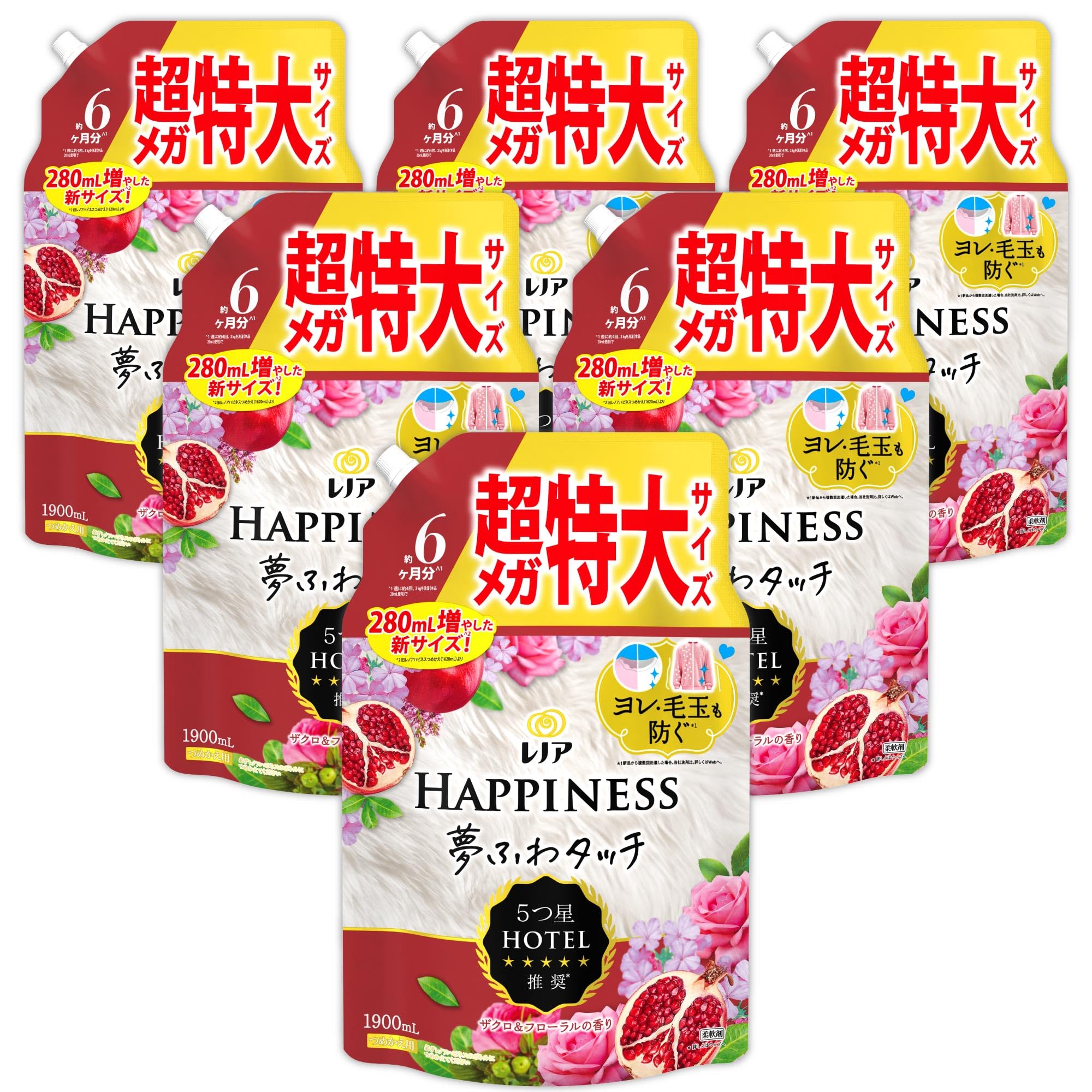 レノア ハピネス 夢ふわタッチ 柔軟剤 ザクロ＆フローラル 詰め替え 1,900mL×6袋 [大容量] [ケース品]
