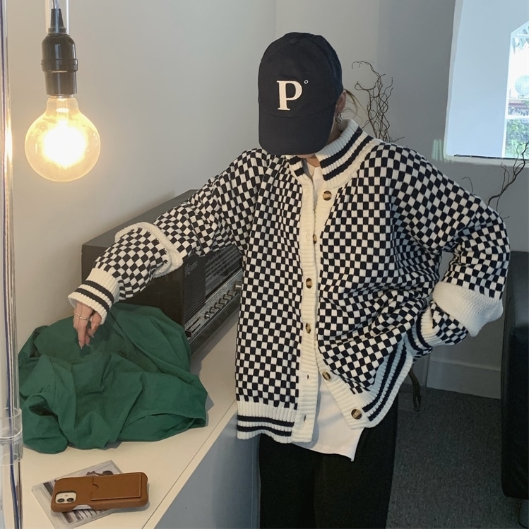 オーバーサイズ チェッカーフラッグ柄 市松模様 袖編み地切替え ロングスリーブ コーディガン