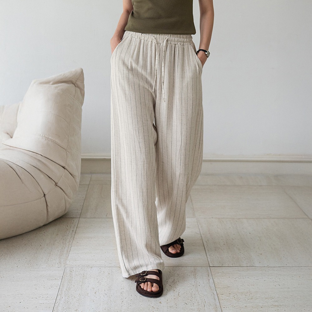 ホセントバンディングストライプリネンワイドパンツ