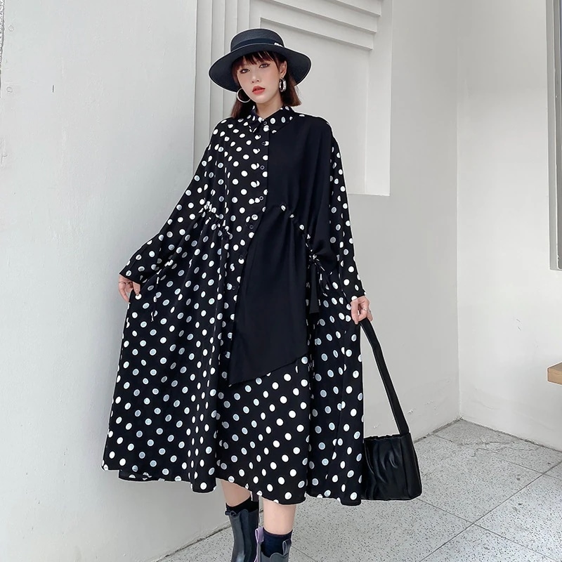 人气新作/韓国ファッション/ワンピース/ワンピース 秋フレンチレトロ白黒波点ジョイントスカート秋の新作高級感隠し肉気品ワンピースワンピース 秋冬