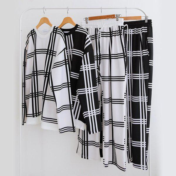 メンズワイドダブルチェック スパン バンディング パンツ 5C-PTA-Q081-ブラック