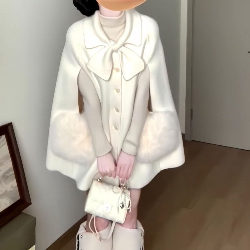 甘くてエレガントな女性用の豪華なケープコート秋冬にぴったりゆったりとしたフィット感厚手で暖かいスタイリッシュなウールのオーバーコート