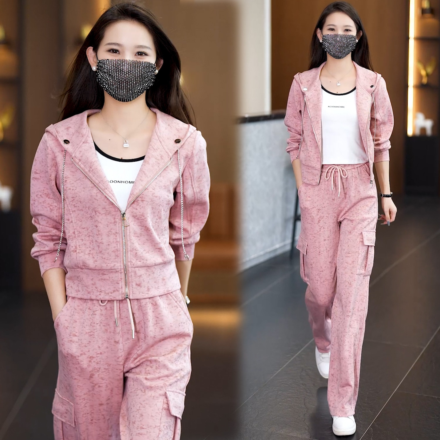 カジュアルスポーツ服セット女性秋高級フード付きガードル工装ワイドパンツ2点セット