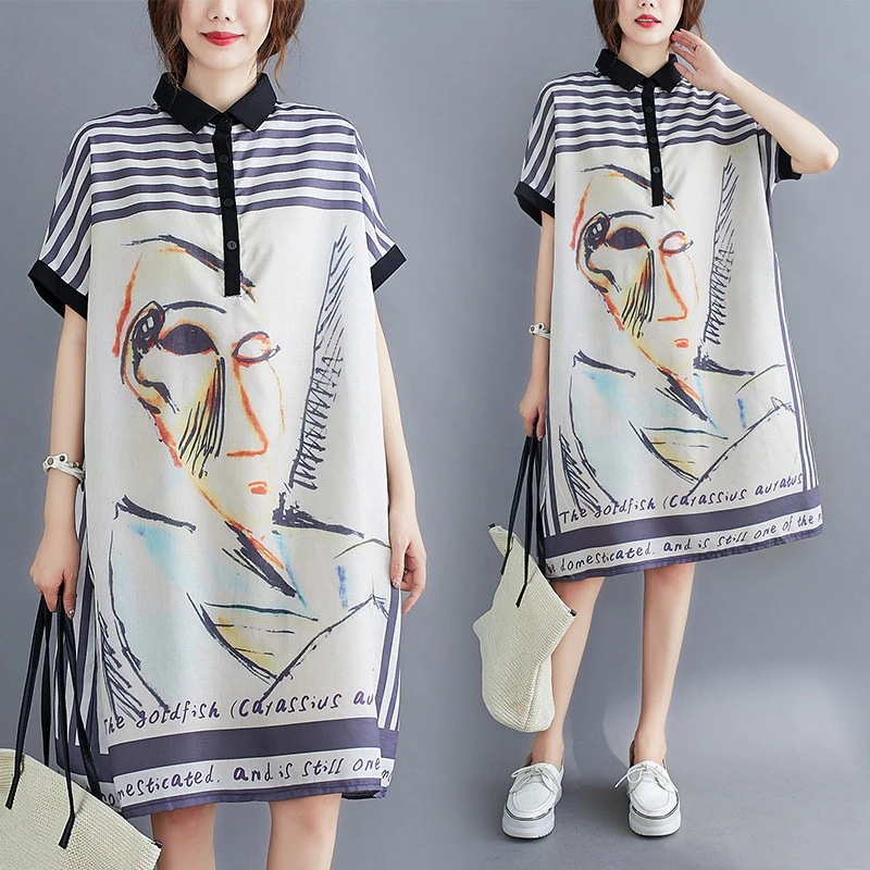 ファッションプリント半袖ワンピース新夏夏服大サイズゆるいtシャツワンピース 4,823円