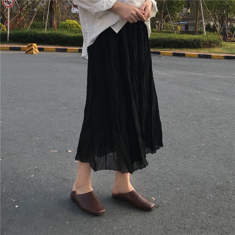 3117.カジュアル 無地マキシ丈スカート（ブラック）