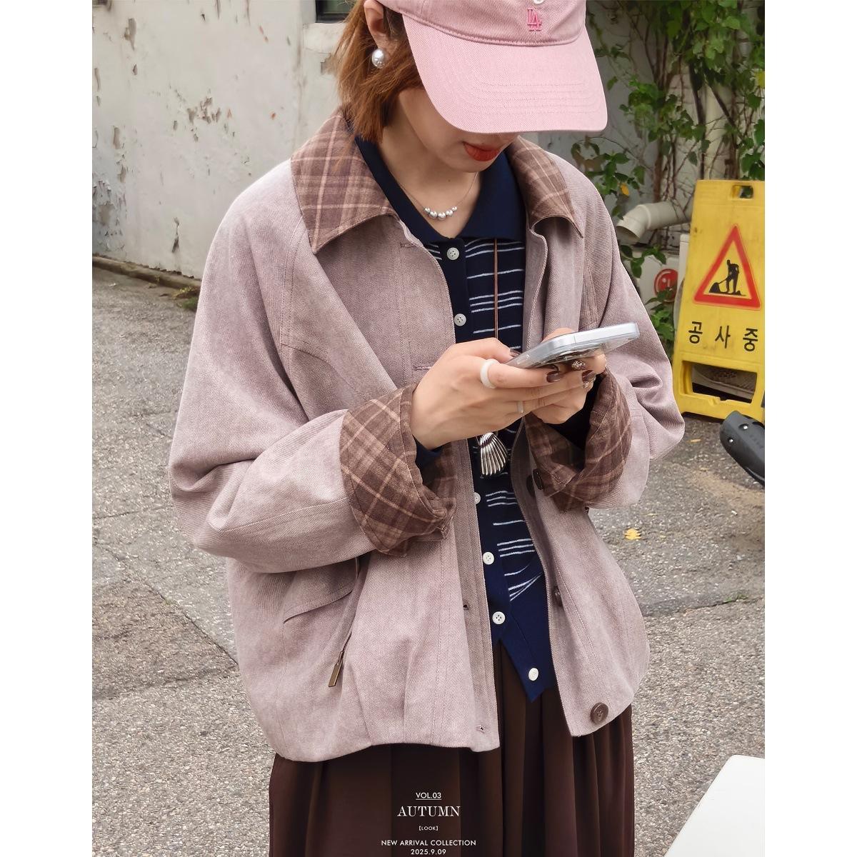 gifts for women keep warm 『パストレレックス』バーン風柄コントラストカラー秋作業着ジャケットショートコート