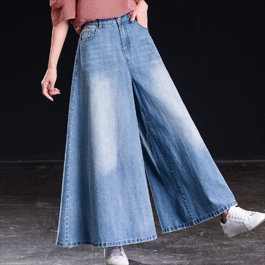 ガウチョパンツ 2色 パンツ ボトムス ガウチョ ロング アンクル丈 マキシ Aライン フレア ポケット ハイウエスト デニム ブルーデニム かわいい 大人可愛い 大人女子 綺麗