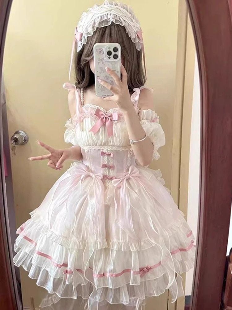 ピンクバレエスタイルロリータドレスバースデーアダルトギフトパフプリンセススカートスモールサスペンダースカート女性