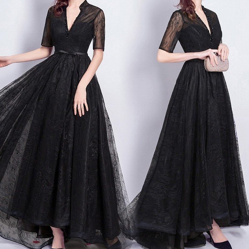 2018新作 ロングドレス 演奏会 結婚式 母親 結婚式 大きいサイズ ワンピース 黒 ブラック Vネック 半袖 五分袖 ステージ おしゃれ