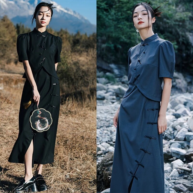 チャイナ風ワンピース ロング 半袖 重ね着風ワンピース 改良チャイナドレス スリットワンピース